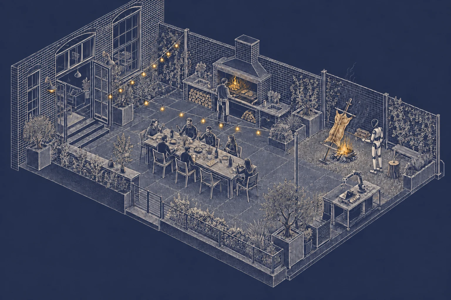 Architectural blueprint of a patio asado, with a humanoid robot tending cordero al palo, guests at a communal table and a parrilla