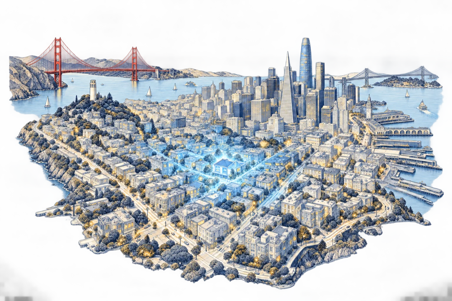 Architectural bird’s-eye illustration of San Francisco, with a luminous sky-blue house lighting up the surrounding city